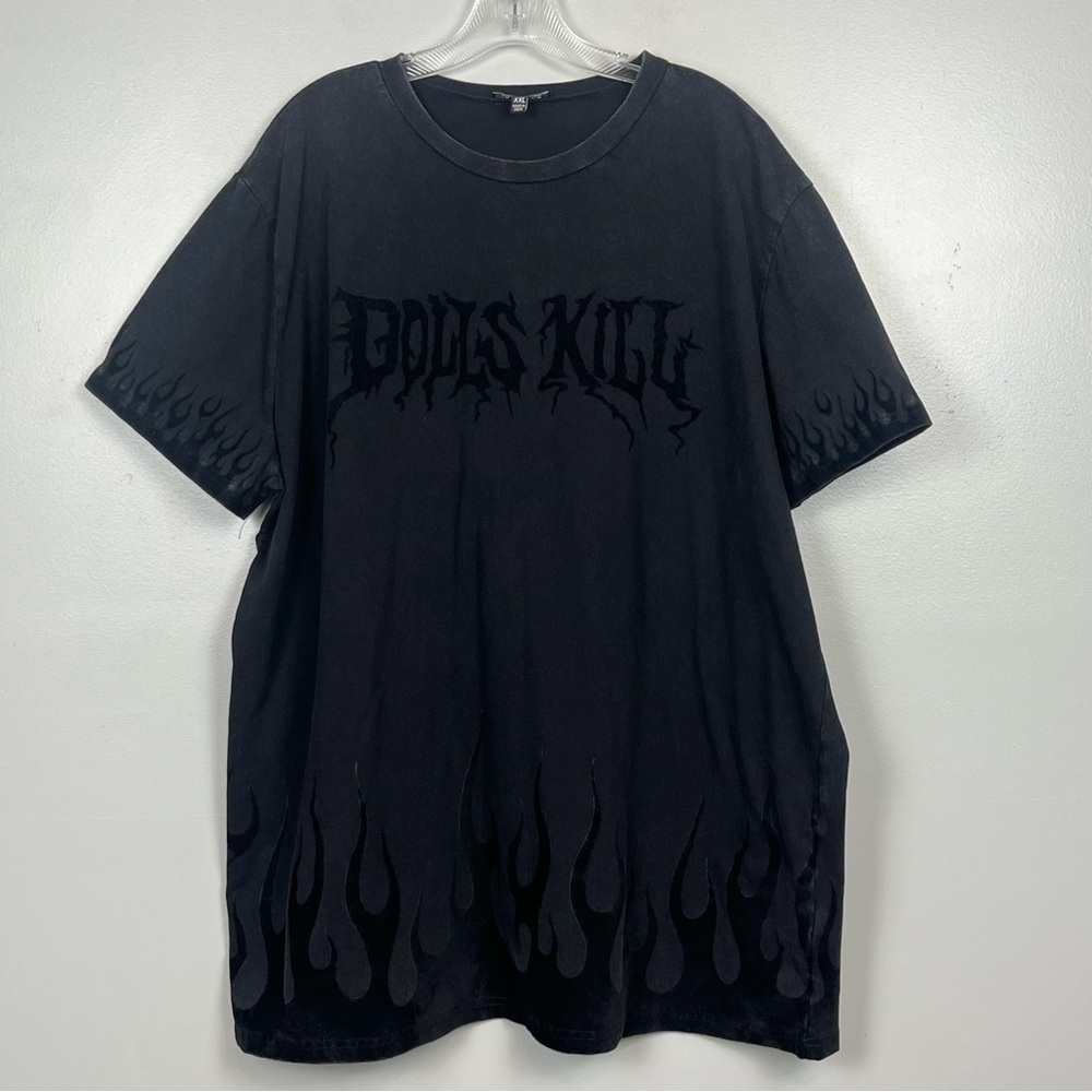 Dolls Kill black on black smocked velvet flame & Spellout t-shirt, size XXL.